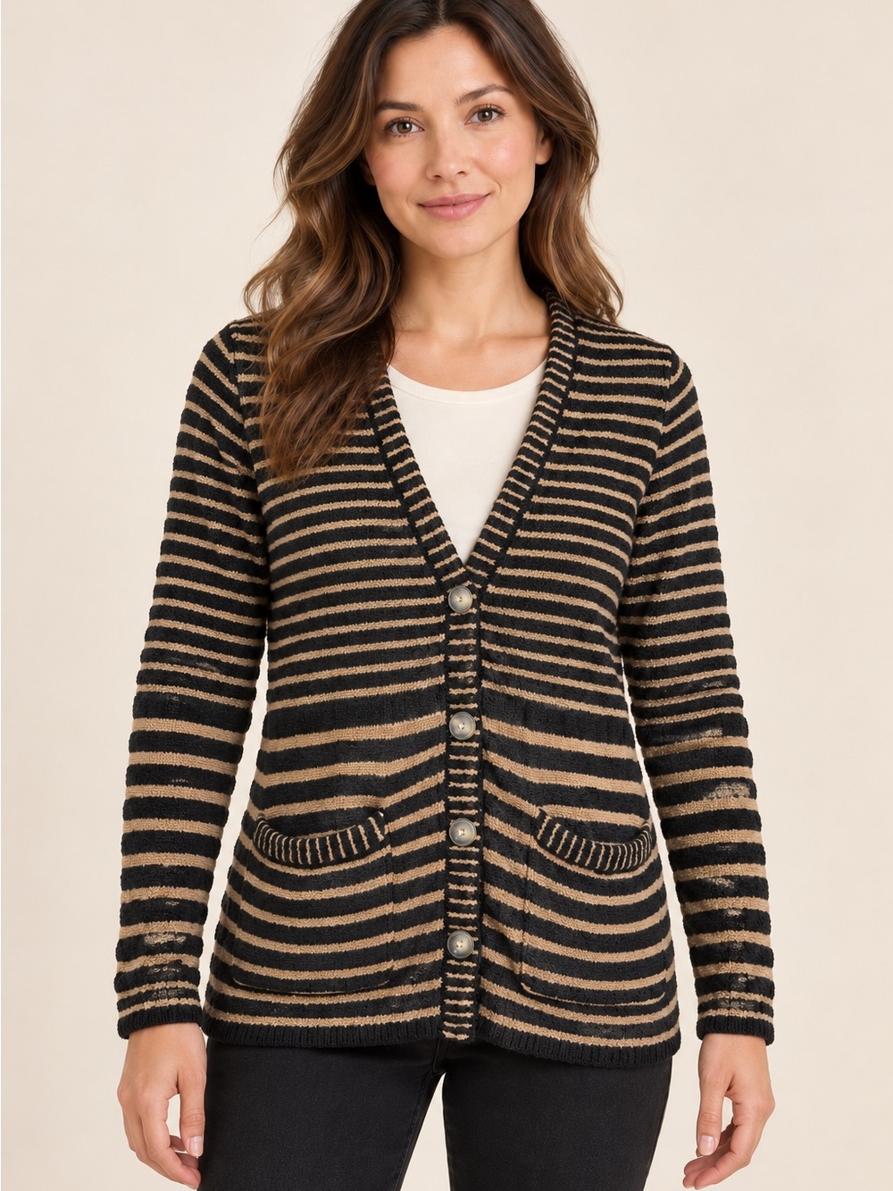 Pendleton Petite M Merino Wool Striped Button Cardigan Black Tan Pockets